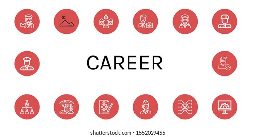 career simple icons set. Contains such icons as Postwoman, Mission, Organization, Businessman, Pilot, Camouflage, Job, Air hostess, Skill, can be used for web, mobile and logo