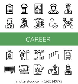 career simple icons set. Contains such icons as Goals, Businessman, Goal, Pilot, Curriculum, Camouflage, Policeman, Developer, Skill, Resume, can be used for web, mobile and logo