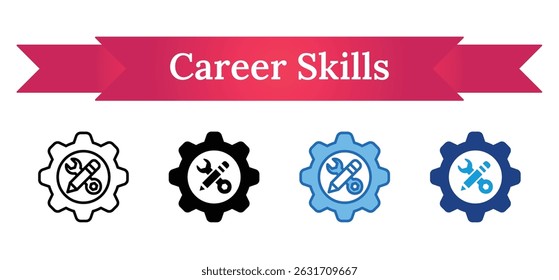 Career Skills - Multi Style Outline, Glyph Silhouette, Blue, Dual Tone Icon - Gear symbol with tools and pencil, representing hands-on career skills and technical training