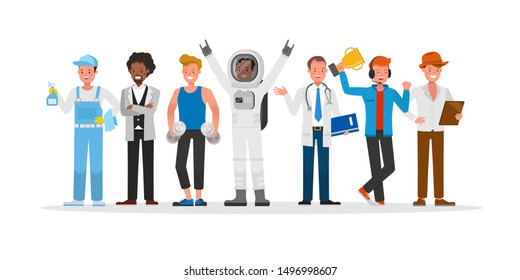 career staff character vector design include janitor, businessman, gamer, fitness trainer, astronaut and doctor.