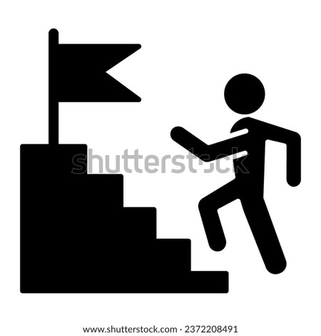 Career staircase solid icon. Climbing man to success on top of flag pedestal glyph style pictogram on white background. Job competition for mobile concept and web design. Vector graphics