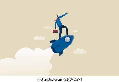 Career start or growth. 
Ambition for success. Launch new work, job, startup project concept. Businessman with a rocket rising.