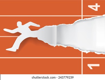 Career start. Running male silhouette on the start racing tracks. Ripping paper with place for your image or text. Concept for business start. Vector illustration. 