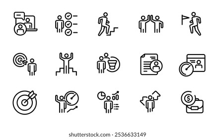 career step target goal icon set line stoke outline illustration interview selection hiring employee salary performance review human resources