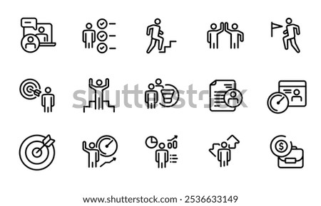 career step target goal icon set line stoke outline illustration interview selection hiring employee salary performance review human resources
