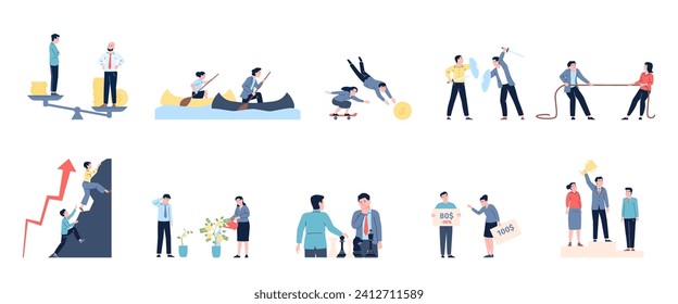 Career struggle competition. Business workers office competition. Winner and victory, salary gap and achievement. Leadership recent vector scenes