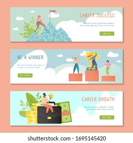 Career success banner template design with successful business people vector illustration in cartoon flat style. Growth and achievement concept. Businesswoman climbing mountain. Man, woman on podium.