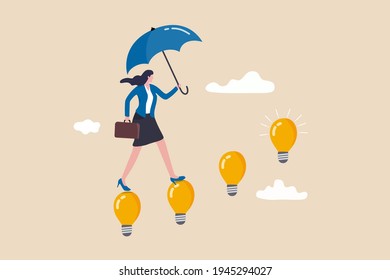 Career success with business knowledge or creativity, woman leadership or career growth and achievement concept, smart businesswoman walking on innovative light bulb idea lamp as stairway to success.