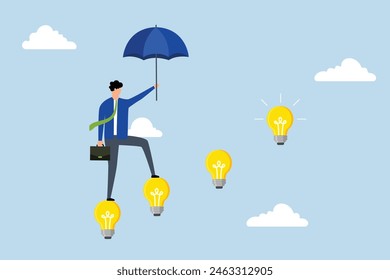 Career success with business knowledge or creativity, businessman walking with innovative light bulb idea lamp as ladder of success.