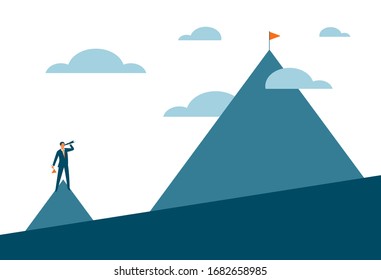 Career success or business mission motivational poster. Businessman on the top of the mountain looking at a supreme goal. Concept for new opportunities, growth, progress, success & leadership. Vector