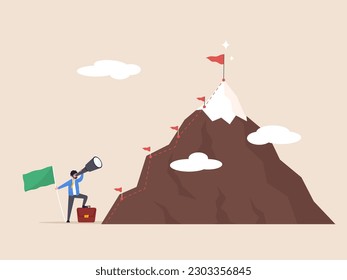 Career success concept. Male characters in front of growth direction as mountain climbing. Reach top of plan goal. Flat cartoon vector illustration