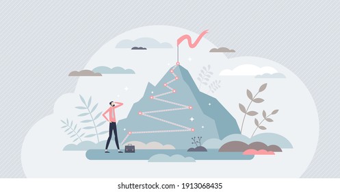 Career success as up direction for work rise achievement tiny person concept. Successful job development and growth direction as mountain climbing metaphor vector illustration. Reach top of plan goal.