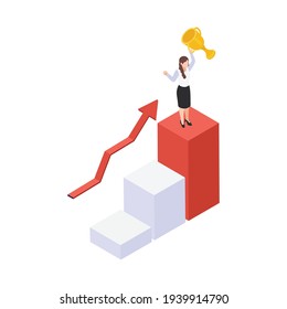 Career Success Isometric Concept With Woman Winner On Pedestal 3d Vector Illustration