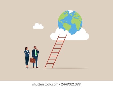 Career success. Ladder of success. Earth. Running on the growing world. Open the world of business. Modern vector illustration in flat style