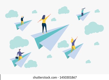 Career success, office workers flying on paper planes. Achieve success and goals in business. Colorful illustration. Career for woman or man