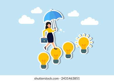 Career success through business acumen, creativity, female leadership, and career growth achievements concept, smart businesswoman walking on innovative light bulb idea lamp as stairway to success.