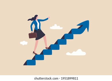 Career success for woman or female leadership, goal achievement and business challenge or gender equality concept, confidence businesswoman take small step walking up staircase with arrow pointing up.
