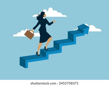 Career success for woman or female leadership, goal achievement and business challenge or gender equality concept, confidence businesswoman take small step walking up staircase with arrow pointing up.