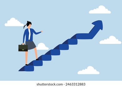 Career success for woman or female leadership, businesswoman taking small step while walking up stairs with arrow pointing up.