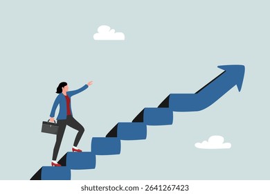 Career success for women or women leadership, achieving goals and business challenges. Confident businesswoman taking small steps up the ladder with arrow pointing up.