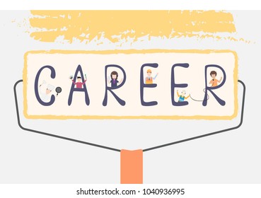 career text and cartoon character vector, occupation idea, Paint brush idea, vector illustration