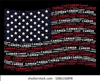 Career text items are combined into waving American flag abstraction on a dark background. Vector concept of USA state flag is constructed with career text items.