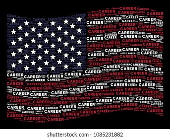 Career text items are grouped into waving United States flag abstraction on a dark background. Vector composition of America state flag is constructed of career text items.