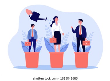 Career training concept. Employees standing in flowerpots, hand watering plants and people. Vector illustration for business professionals growth and development topics