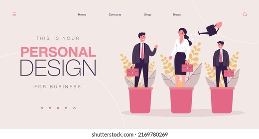 Career Training Concept. Employees Standing In Flowerpots, Hand Watering Plants And People. Vector Illustration For Business Professionals Growth And Development Topics