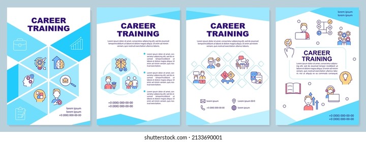 Career Training Turquoise Brochure Template. Affordable Education. Leaflet Design With Linear Icons. 4 Vector Layouts For Presentation, Annual Reports. Arial-Black, Myriad Pro-Regular Fonts Used