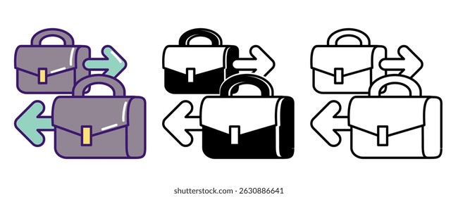 Career Transition icon represented by briefcase, transition arrow Line, Filled, Color style.