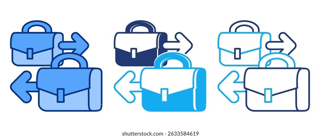 Career Transition icon represented by briefcase, transition arrow Blue, Dualline, Dualtone style.