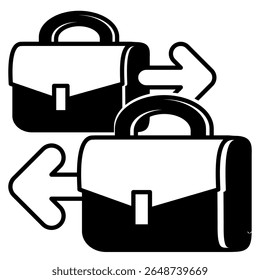 Icono de transición de carrera representado por maletín, flecha de transición estilo relleno negro.