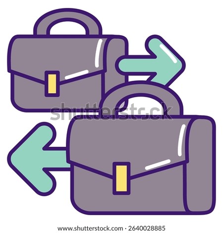 Career Transition icon represented by briefcase, transition arrow Lineal Color style.