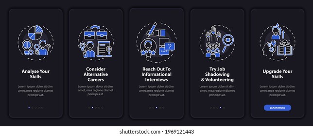 Career transition steps onboarding mobile app page screen with concepts. Upgrade yourself walkthrough 5 steps graphic instructions. UI, UX, GUI vector template with linear night mode illustrations