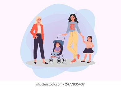 Carrera versus Ilustración vectorial de maternidad. Mujer de negocios en ropa formal hablando con la madre con dos hijos. Negocio, paternidad, concepto de estilo de vida