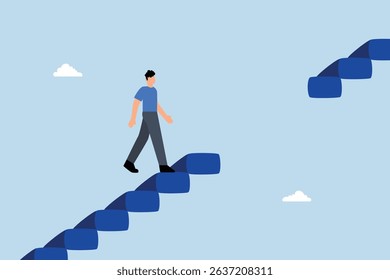 Career way impediment, savvy businessman walk to another level with caution of harmed broken staircase