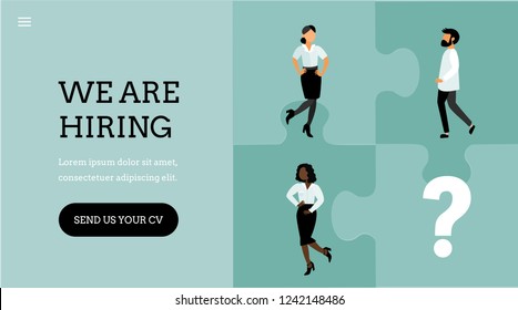 Career. We are hiring.  Landing page template. Modern flat design concept of web page design with cute young woman and man at work. Office workers. Vacancy. Recruitment