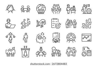 Iconos de la línea de Web de carrera establecidos con éxito, crecimiento, trabajo, objetivos, motivación, logros. Trazo editable