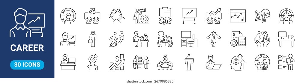 Iconos de la línea de Web de carrera establecidos con éxito, crecimiento, trabajo, objetivos, motivación, logros. Trazo editable