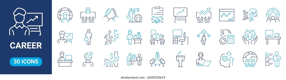 Career web line icons set with Success, Growth, Work, Goals, Motivation, Achievements. Editable Stroke