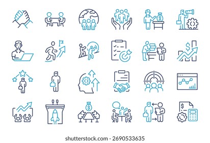 Career web line icons set with Success, Growth, Work, Goals, Motivation, Achievements. Editable Stroke