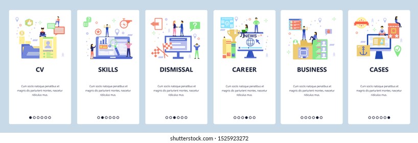 Career web site and mobile app onboarding screens. Menu banner vector template for website and application development. Flat style design.