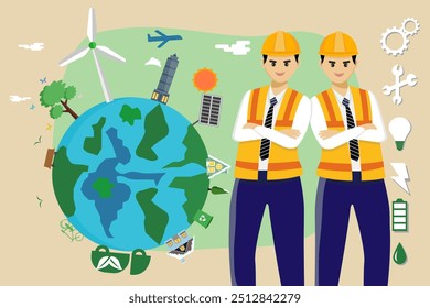 Career wind turbine engineer behind clean energy and the concept of saving the world to create green space in the future