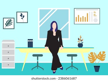 career woman, great woman, company owner, female company boss, female boss leaning at her office desk