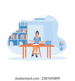 Career woman sitting relaxed, meditating in front of a laptop. Take a deep breath to relieve stress after work. Self-improvement concept. trend modern vector flat illustration