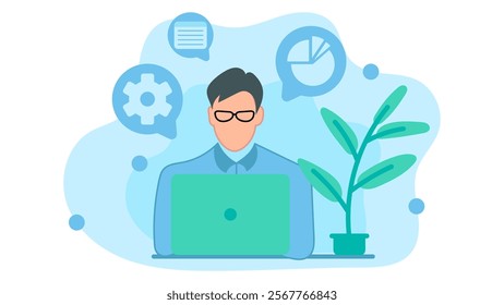 Career woman is working seriously in front of a laptop and there is a smartphone. Working on office task targets. Vector illustration in flat design style