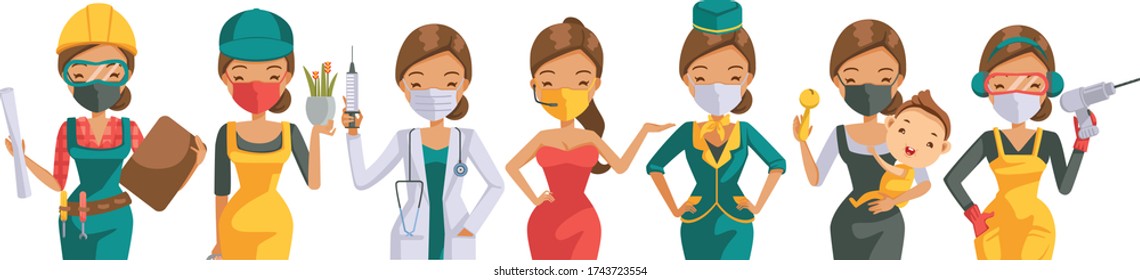 Career women mask collection. Women 's career collection. Many careers of modern working women. Concept for new normal. Stop the spread of COVID-19. Cartoon character in the uniform of a professional 