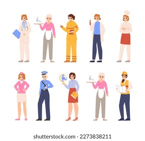 Career women in profession, girl in uniform. Worker day, cute female characters on work. Young teenager in careers day, snugly vector cartoon set