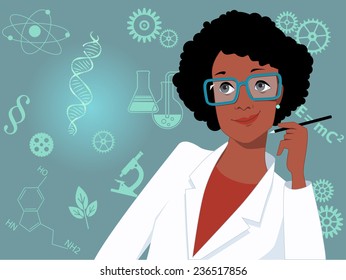 Career For Women In Science And Technology. Portrait Of A Woman In A Lab Coat, Scientific Symbols On The Background, Vector Illustration, No Transparencies 